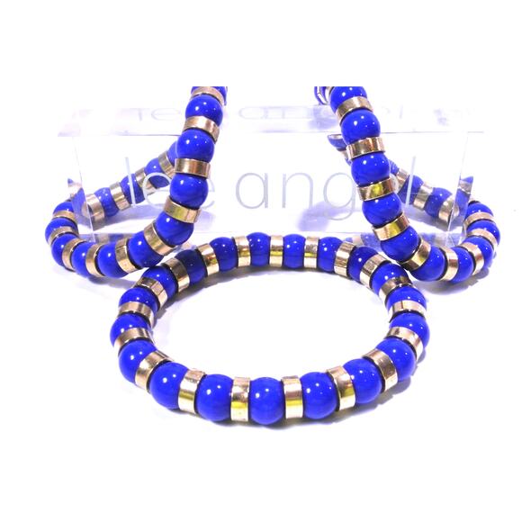 Neiman Marcus Lee Angel BLUE Glass bead gold Spacer bracelet Set 3 PCS NWT 298